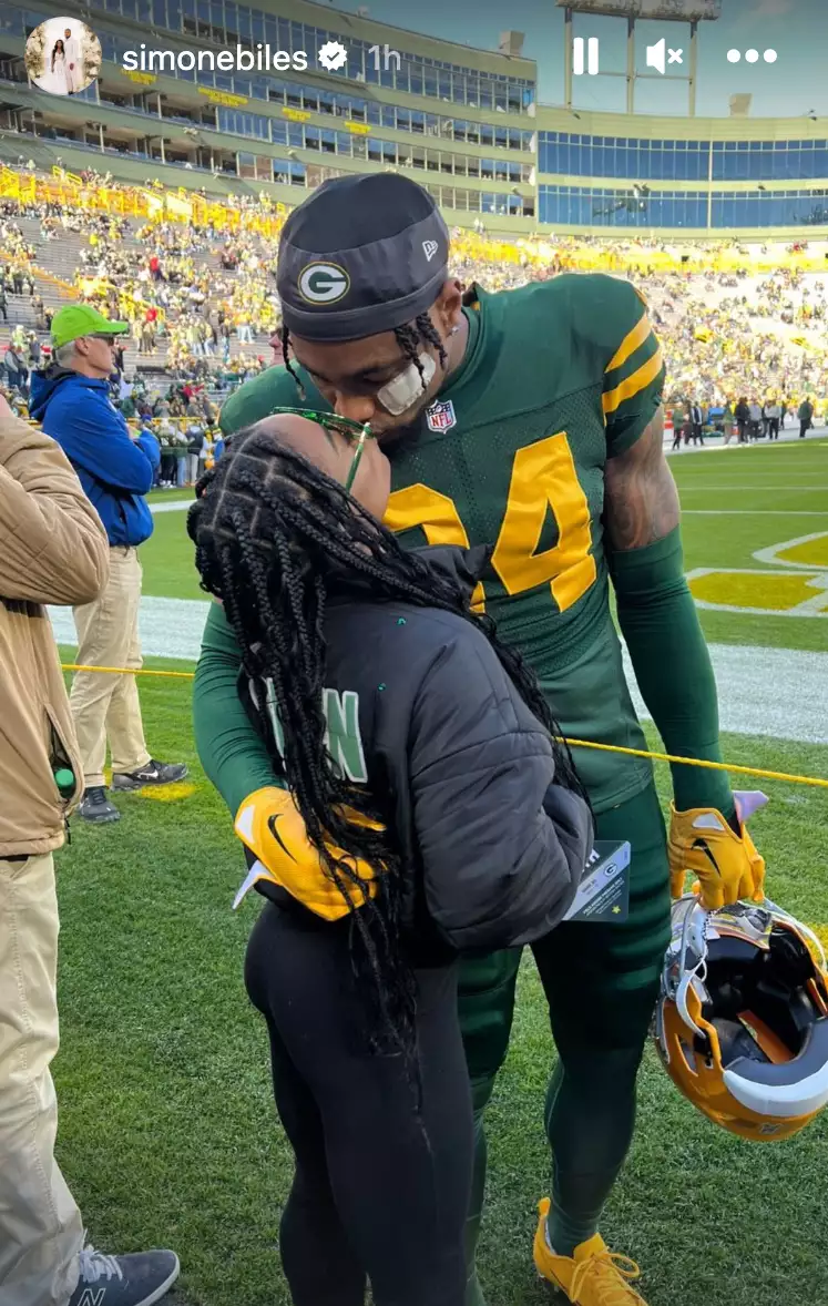 Simone Biles Shares Sweet Photos of Her Sideline Kiss with Husband Jonathan Owens After Green Bay Packers Win